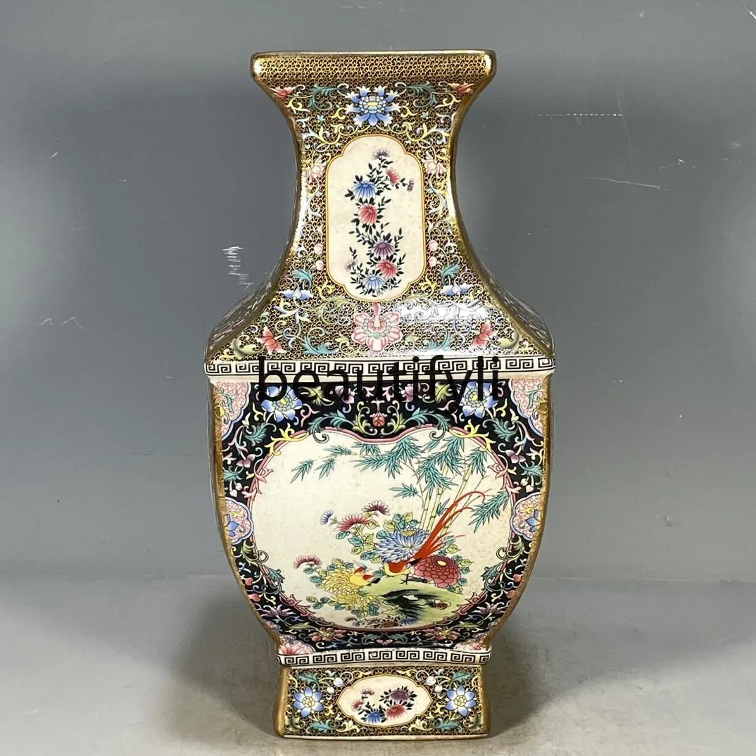 Antique porcelain enamel flower and bird pattern square bottle