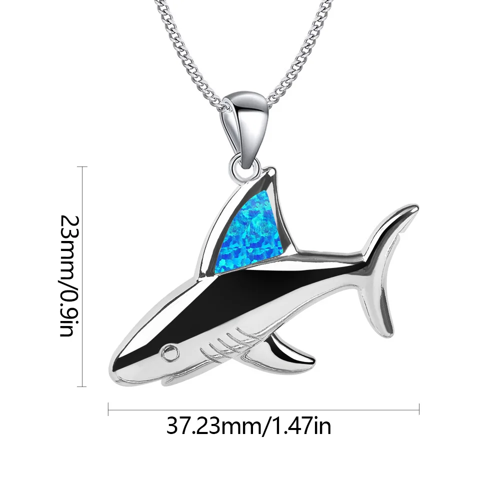 Shark Pendant Necklace with Blue Fire Opal Inlay, Unique Ocean Themed Gift for Fisherman Dad, Cool Practical Accessories