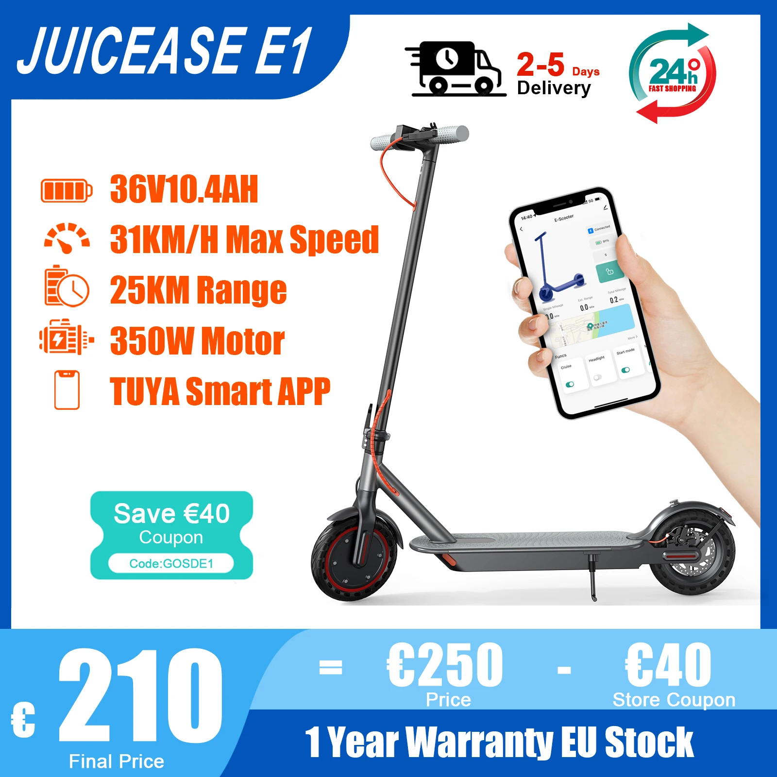 JUICEASE E1 25KM Electric Scooter for Adults 350W Powerful Motor 36V10.4AH 31KM/H Max Speed Electric Kick Scooter with Smart APP