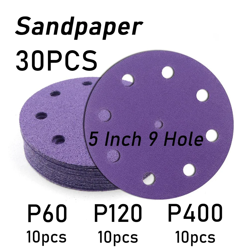 

30 шт., 5 дюймов, 9 отверстий, наждачная бумага, зернистость 60/120/400, флоковый шлифовальный диск для произвольной орбитальной шлифовальной машины, шлифовальные заусенцы, поверхность автомобиля, дерева, металла