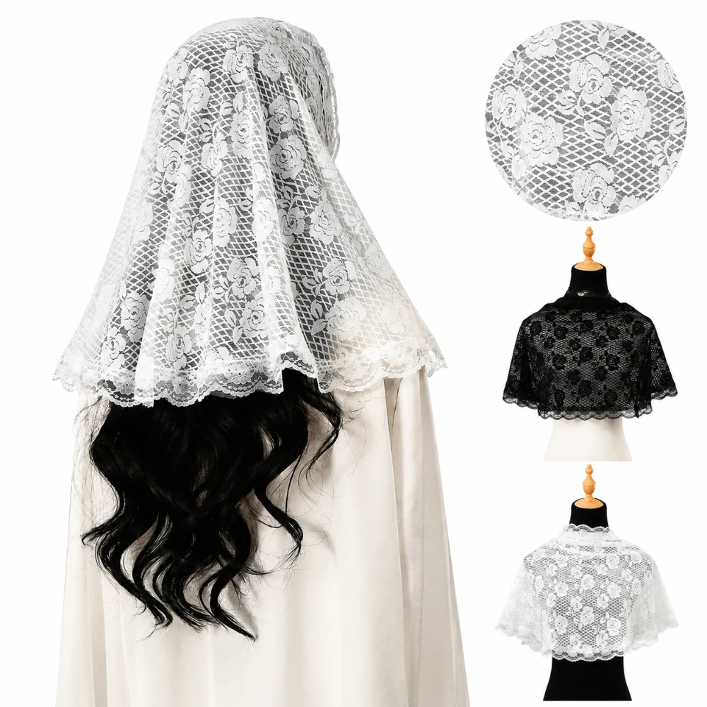 Sheer Fabric Embroidered Triangle Scarf Wave Edge Trim Large Size Mesh Veil Cape Mesh Material Lace Embroidery Wedding Headscarf