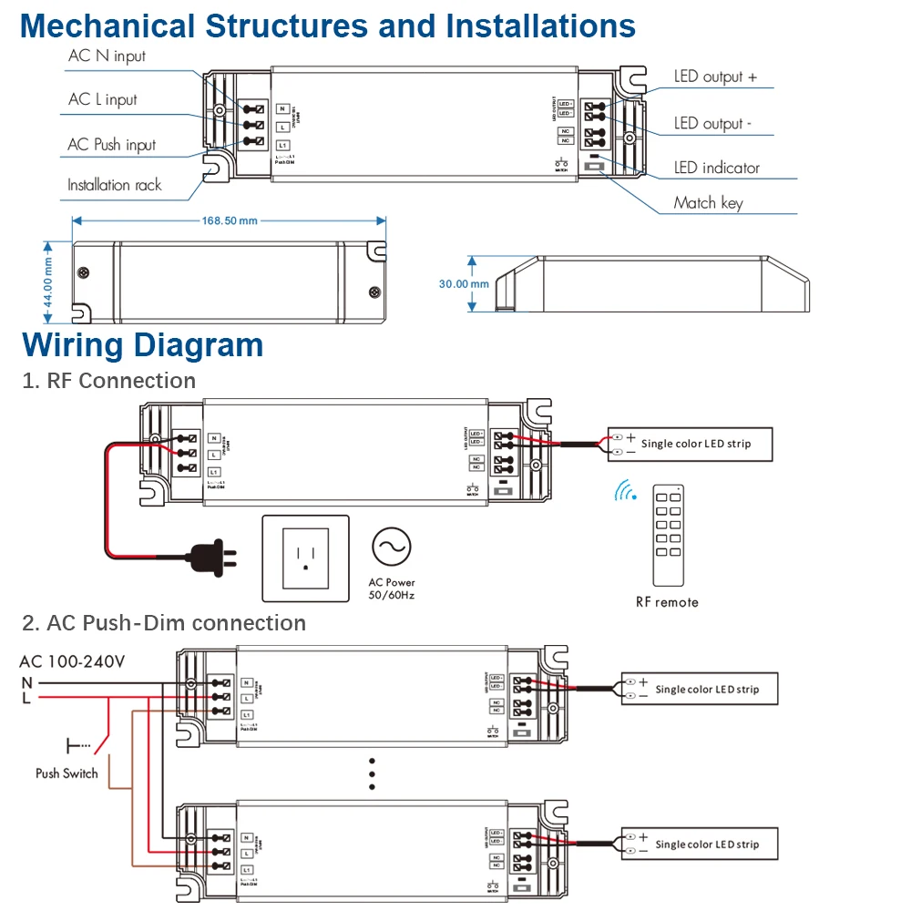 Dc 12V 24V 40W Rf Dimbare Led Driver Push-Dim Led Controller Led Voeding Transformator Ingang AC100-240V