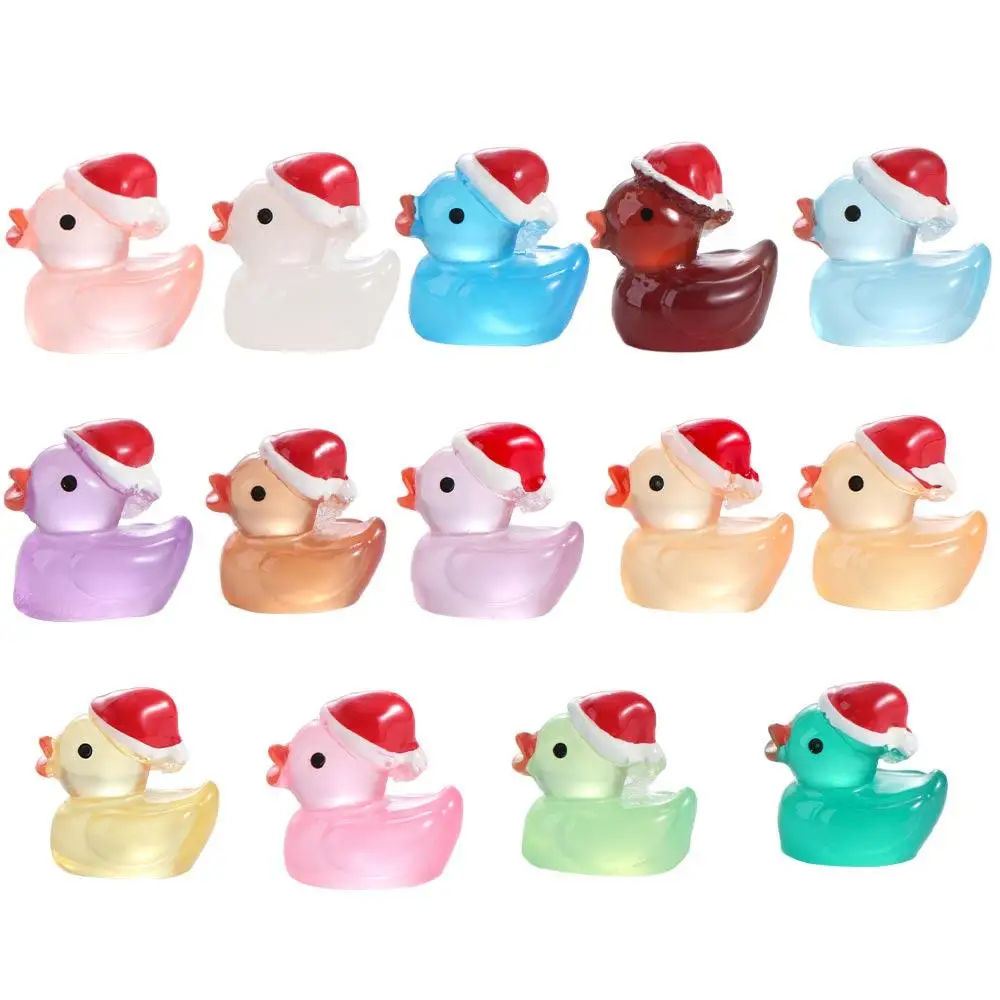 Cartoon Luminous Ducks Figurines Glow in Dark with Christmas Hat Duck Figurines Miniatures DIY Cute Mini Duck Statue