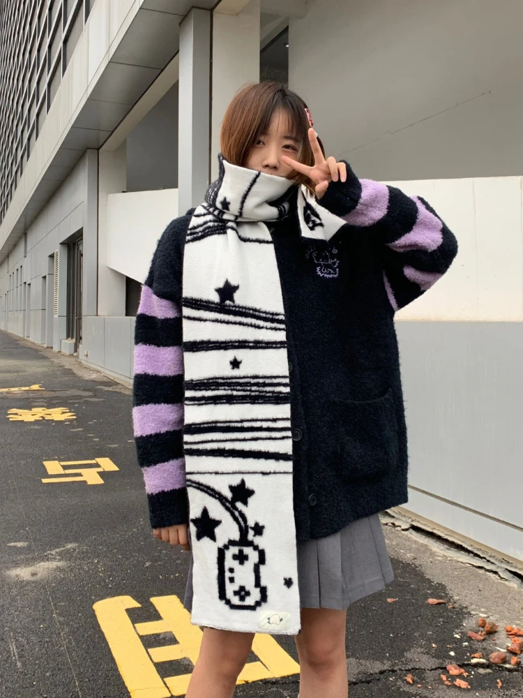 2024 Japanese Fairy Cartoon Streetwear Scarves Y2k Aesthetic Girl Printing Scarf Harajuku Two-sided Warmth Grunge Neckerchief