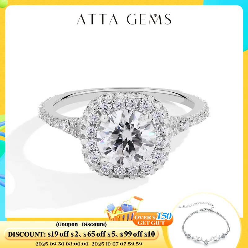 

ATTAGEMS D VVS1 1.2CT 7.0mm Round Cut Moissanite Ring S925 Sterling Silver 18K Gold Plated Engagement Wedding Jewelry For Women