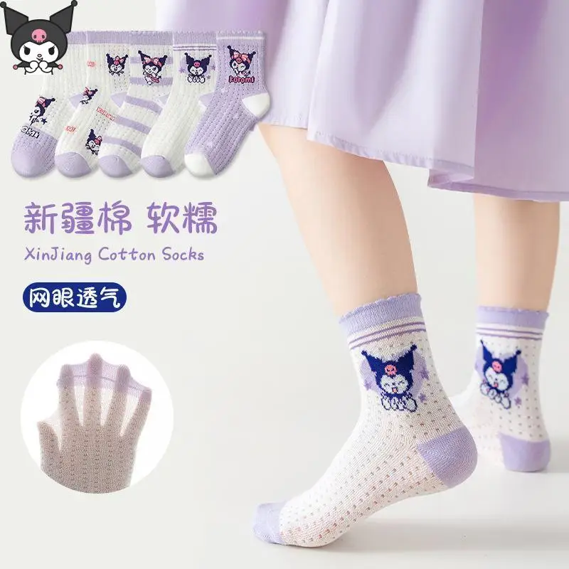 

Детские носки Kuromi с героями мультфильмов, аниме Kawaii, весна-лето Sanrio, тонкие средние носки в корейском стиле, сетчатые дышащие мягкие носки с защитой от запаха