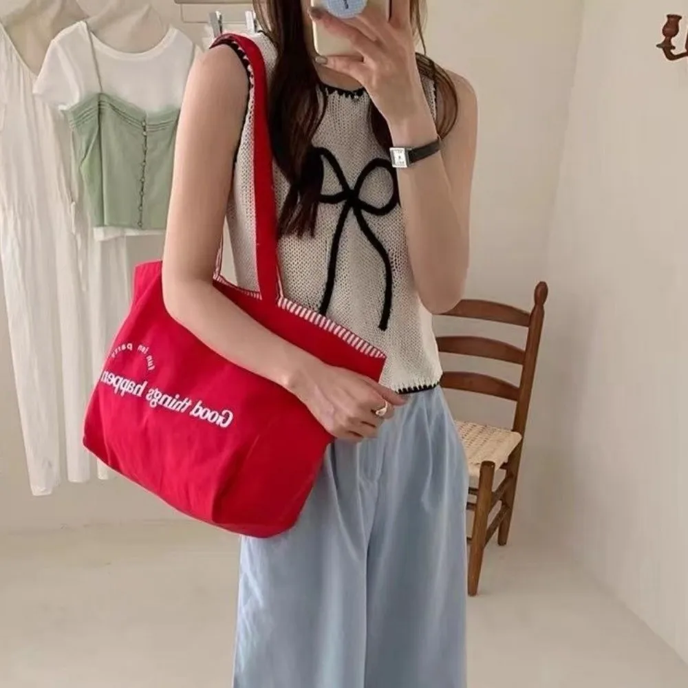 레드 레터 캔버스 숄더백 사용 가능 스트라이프 심플한 디자인 여성 토트 백 대용량 캔버스 소재