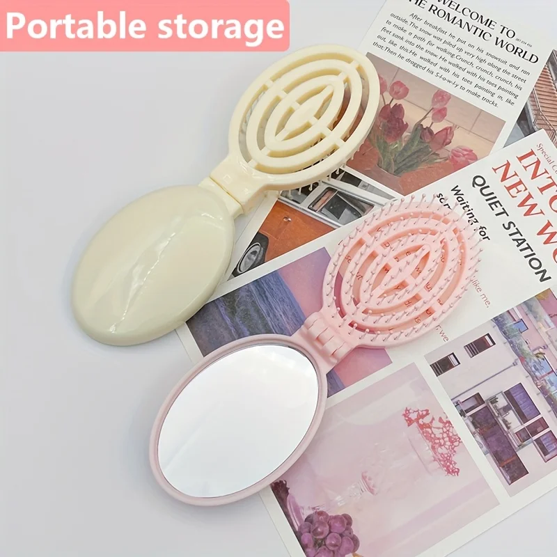 거울이 있는 휴대용 접이식 헤어 브러시, 둥근 손잡이, 일반 모발용 내구성 플라스틱 강모, 여행, 야외에 이상적