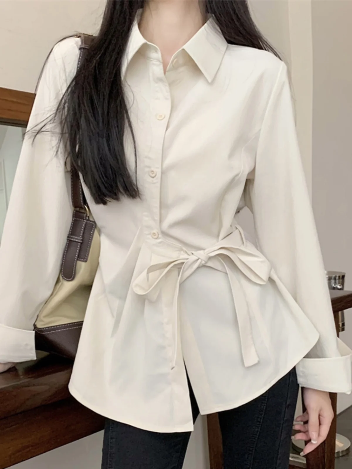 

Ele Long Sve irt Women's Spring Sle 2026 New Design Belted Slimming Top Pure Color Commute Sle Collar Button