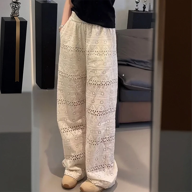 Womens Croche Elastic High Waist Wide Leg Pants Vintage Bloomers Summer Hollow Out Knit Flower Lace Bohemian Beach Long Trousers