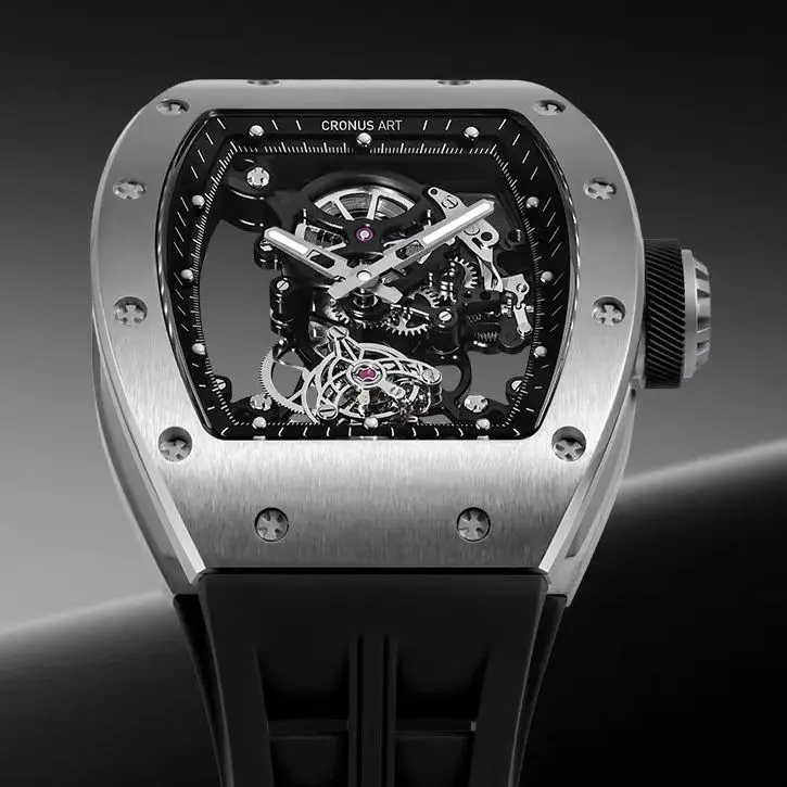 CRONUSART Men Tourbillon Watch Tonneau Mechanical Wristwatch Titanium Waterproof Luminous Sapphire Mirror Skeleton FKM Strap