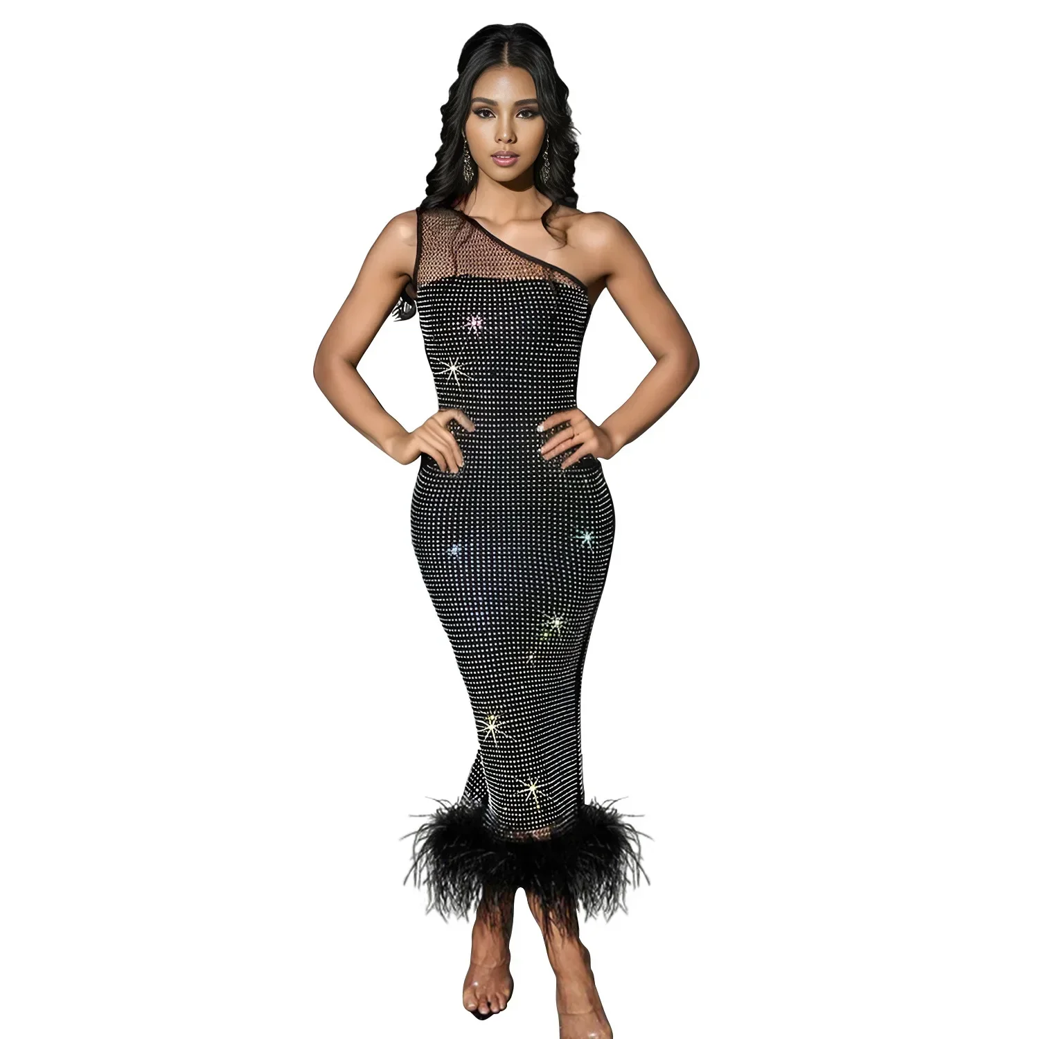 Fashion Women\'s Wear Single Shoulder Mesh Rhinestone Feather Bandage One Piece Dress Sleeveless Evening Formal Dress