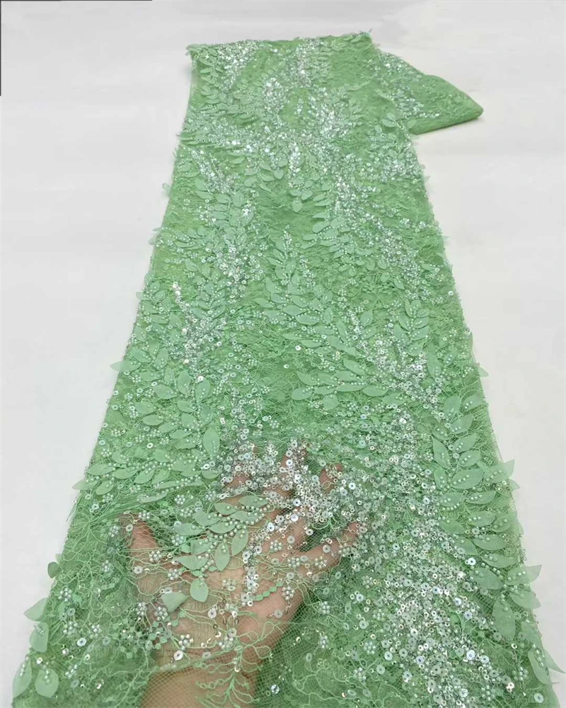 

African Lace Fabric with Sequins Embroidery Beads Tulle Mesh for Nigeria Dress African Fashion Fabric