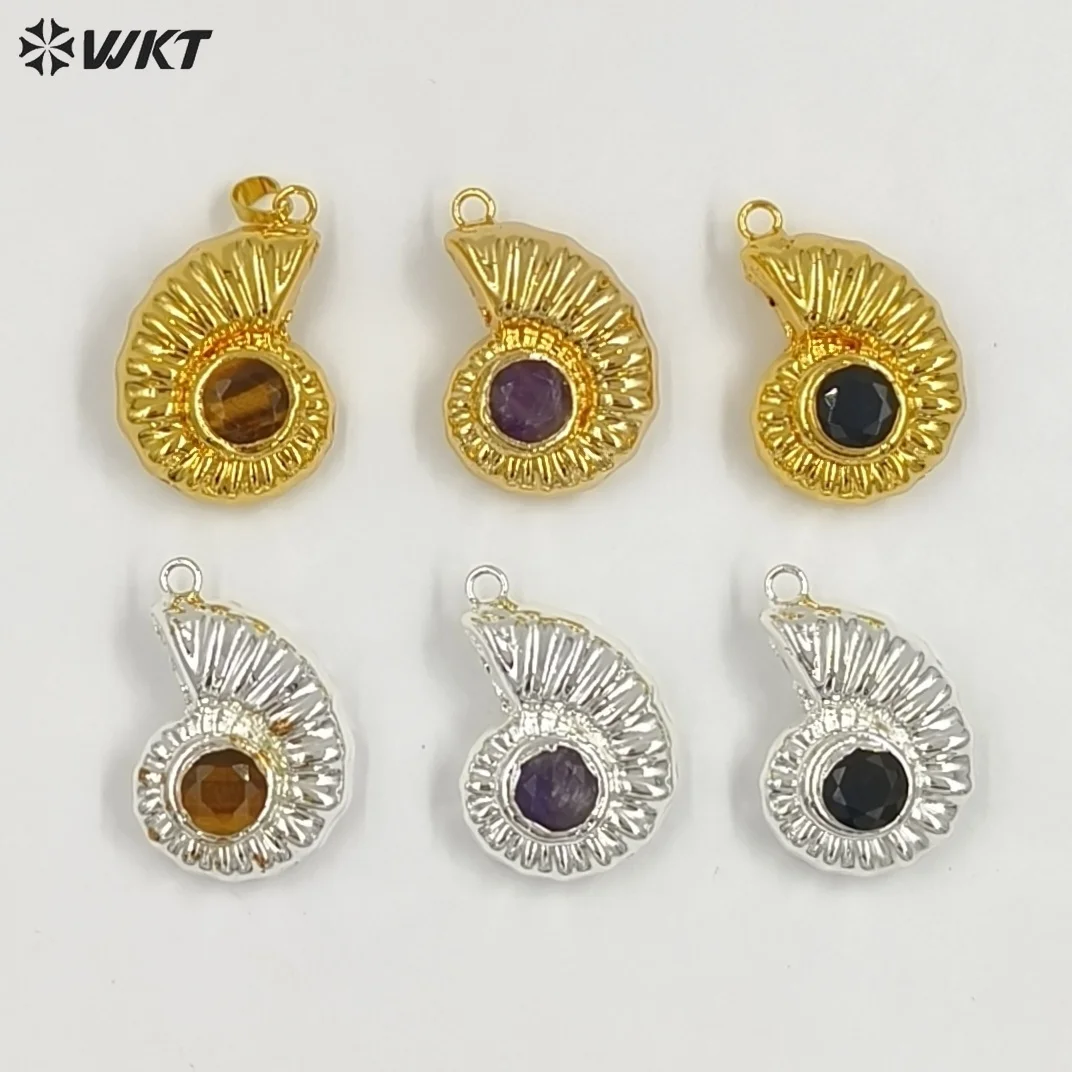 WT-P2056 French-style Handmake Gemstone Yellow Brass Silver Snail Shape  Pendant With 18K Real Gold Plated For Women Jewelry ACC
