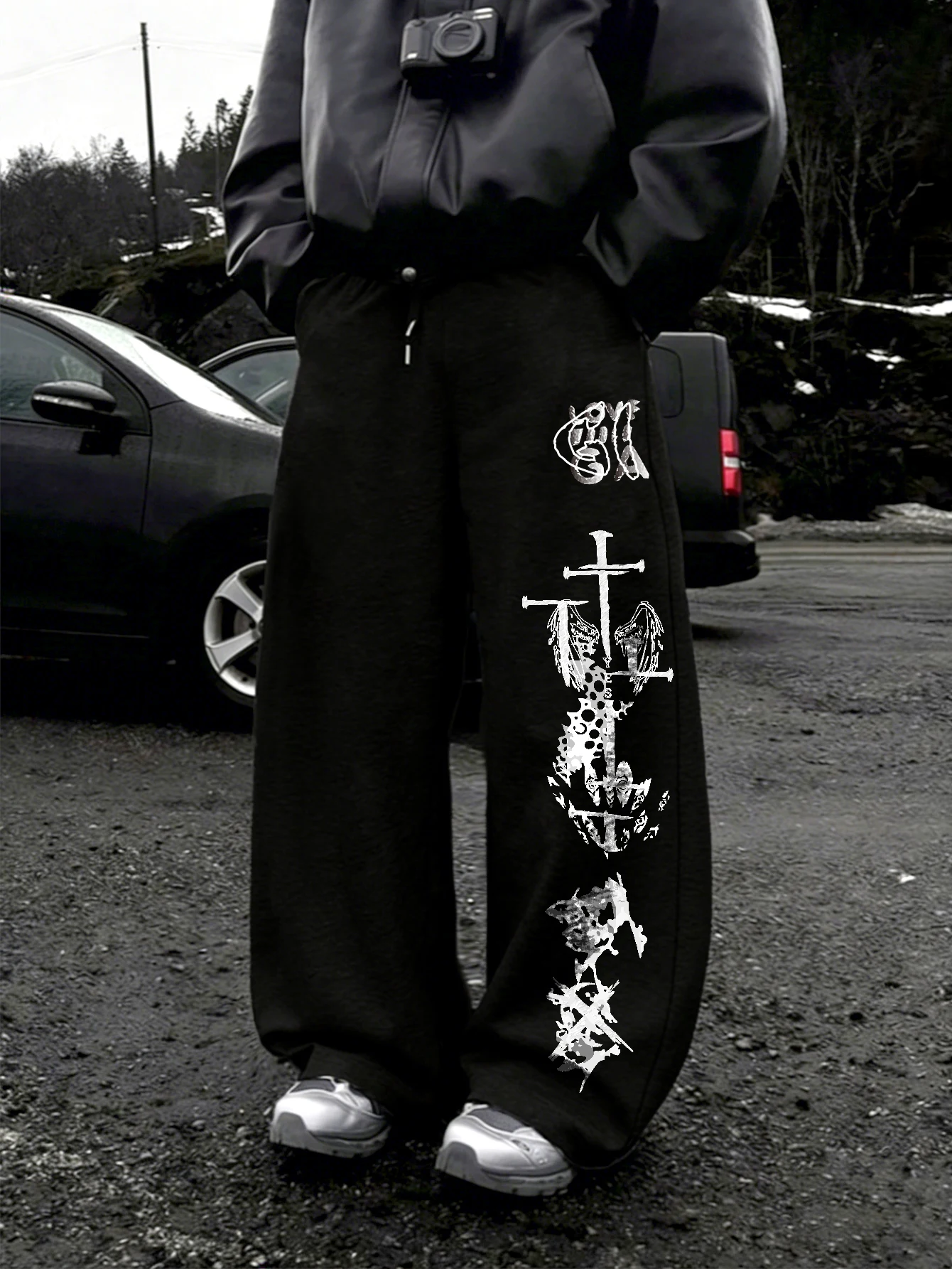 Men Gothic Cross Angel Wing Vertical Graphic Wide Leg Sweatpants Drawstring Loose Straight Baggy Y2K Dark Punk Streetwear Pants