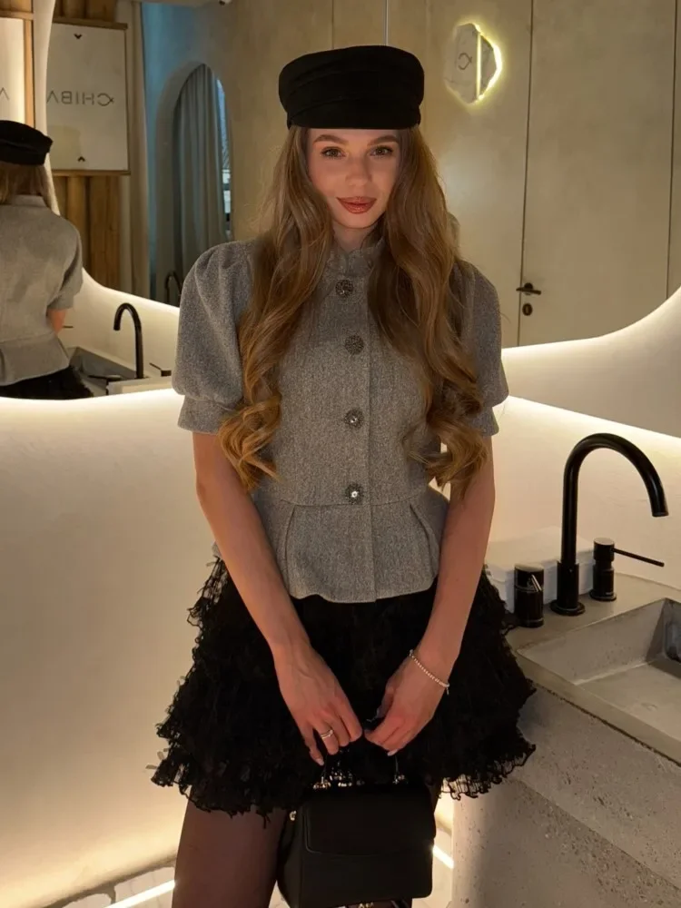 Malha renda pompadour vestido em camadas retalhos lanterna manga fino ajuste falso duas peças feminino fofo vestidos curtos gaze vestido de festa