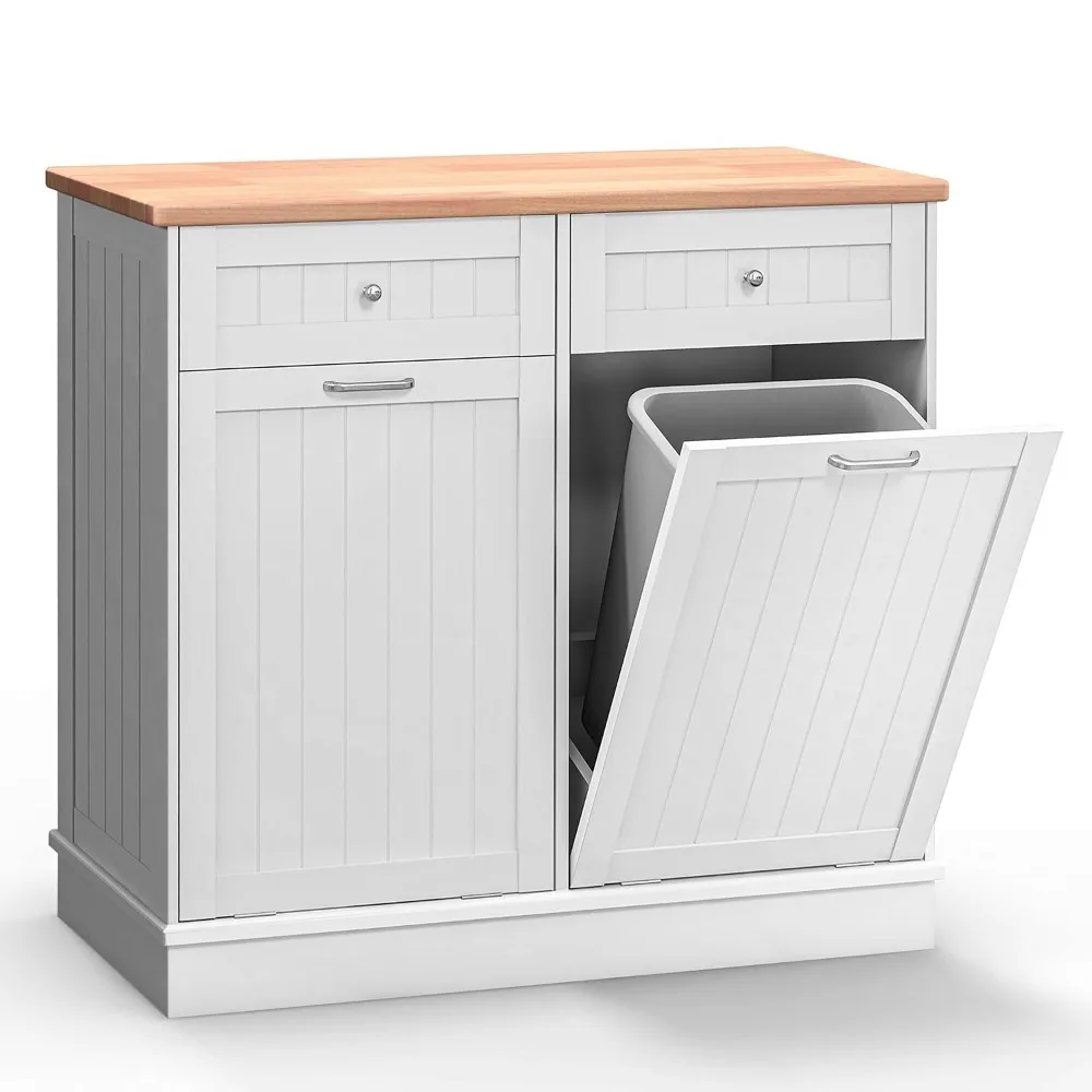 

Double Tilt Out Trash Cabinet Free Standing 10 Gallon Recycling Trash Can Cabinet for Farmhouse Kitchen,Living Room, Dining Room