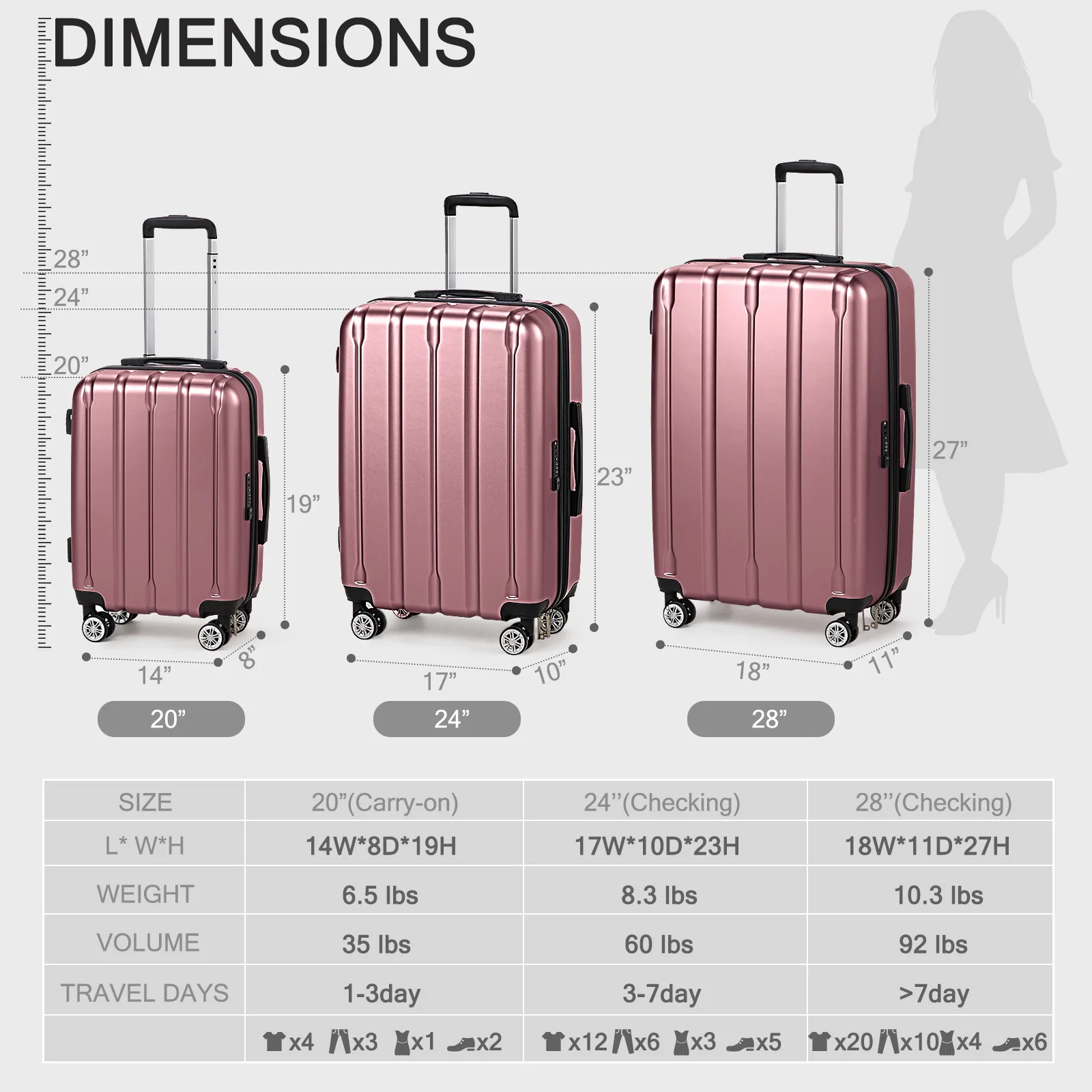 3-in-1 suitcase vertical stripes trolley case 20in 24in 28in ABS PC fashion color 02-wine red