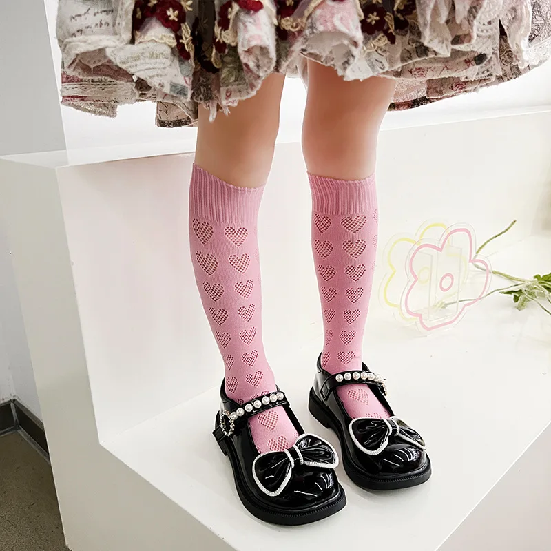 Summer Hollow-out Heart-shaped Calf Socks for Girls Kids Lolita Sweet Candy Colored Knee-high Socks Baby's Long Mesh Hosiery