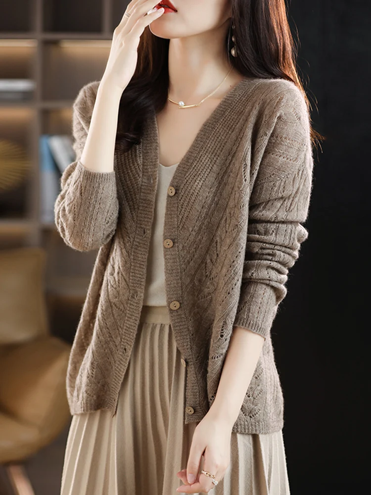 Suéter elegante de lana merina de 100% para mujer, cárdigan informal de punto para otoño e invierno, ropa calada de manga larga para mujer, Tops