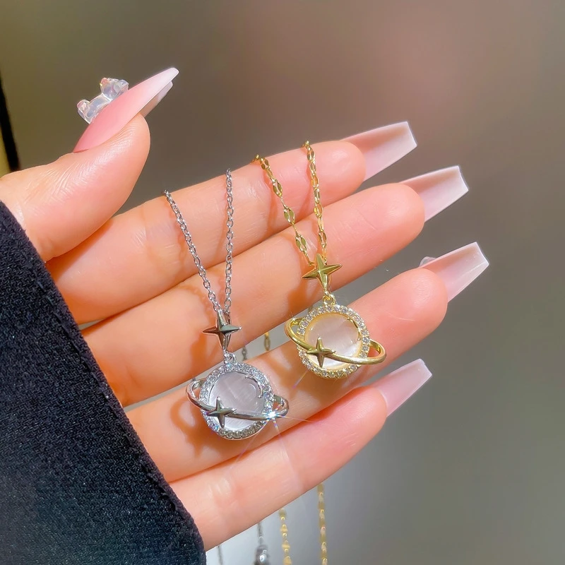 Fashionable High-End Cat's Eye Stone Necklace for Women Moon Projection Versatile Stainless Steel Clavicle Chain Luxury Jewelry