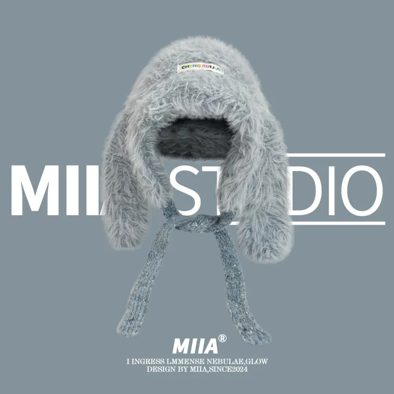 한국 혼합 색상 플러시 긴 토끼 귀 레이스업 풀오버 모자, 두꺼운 따뜻한 귀 보호, 귀여운 여성 비니 모자, 겨울