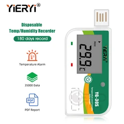 Yieryi Disposable Temperature Humidity Data Recorder 35000 Storage Data USB Logger PDF Report Temp Alarm for Warehouse Transport
