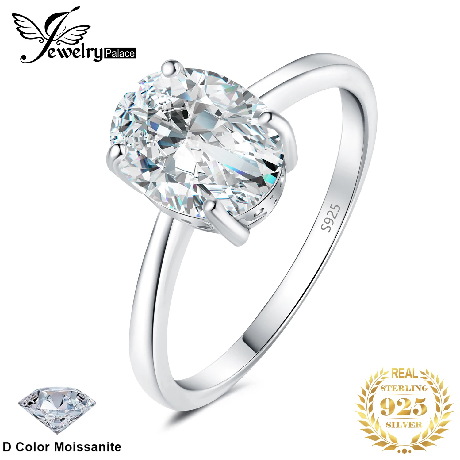 

JewelryPalace Муассанит D Цвет 1 карат 2 карата Овальное кольцо-пасьянс из стерлингового серебра S925 для женщин с покрытием из желтого розового золота