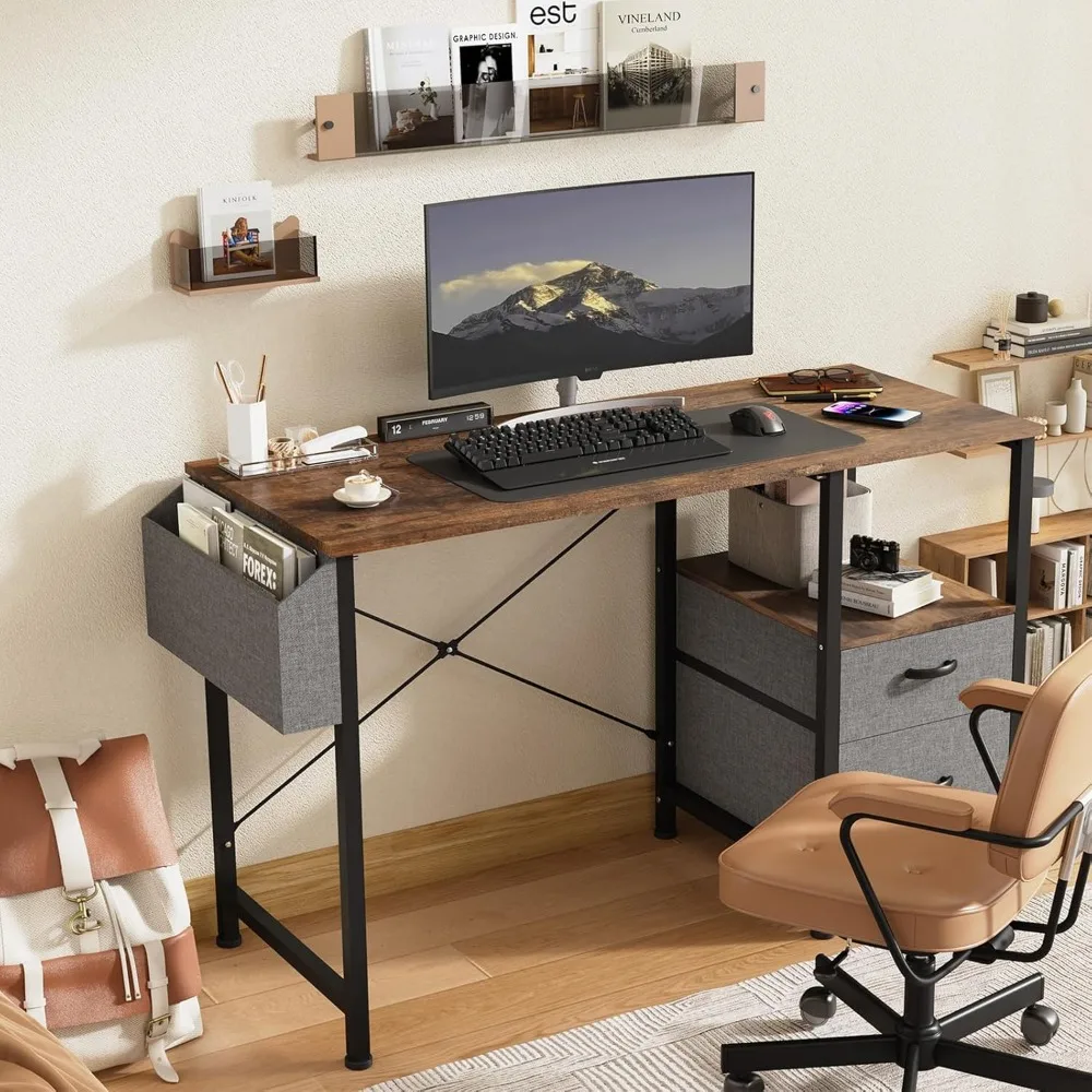 

Rustic Brown Modern Simple 47 Inch Computer Desk, Ideal for Small Spaces,Features File Drawers & Storage Shelf,Reversible Home