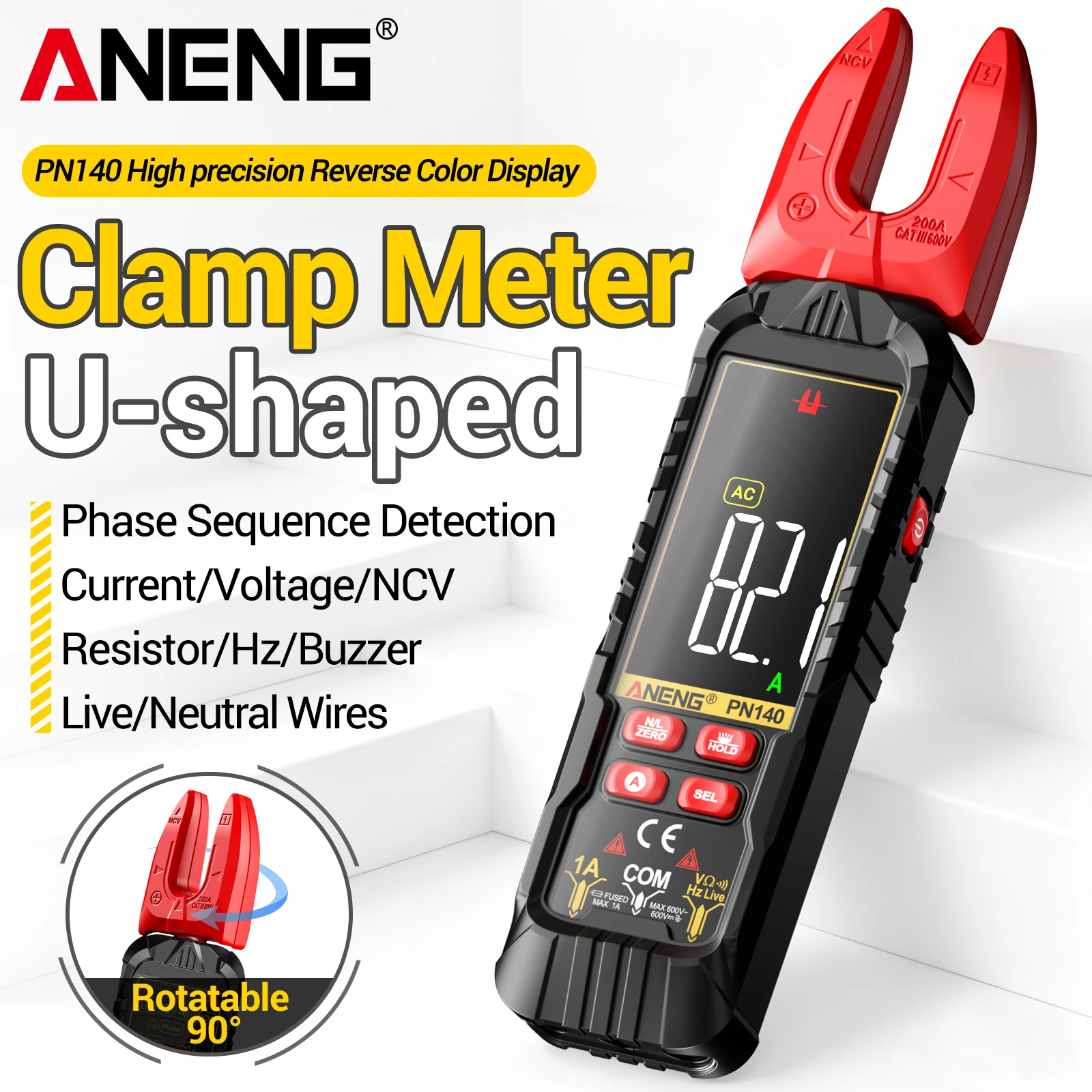 ANENG PN140 Digital Clamp Meter VA Color Screen 90° Rotatable Jaw Auto Recognition Flashlight Household Electrician Repair Tool