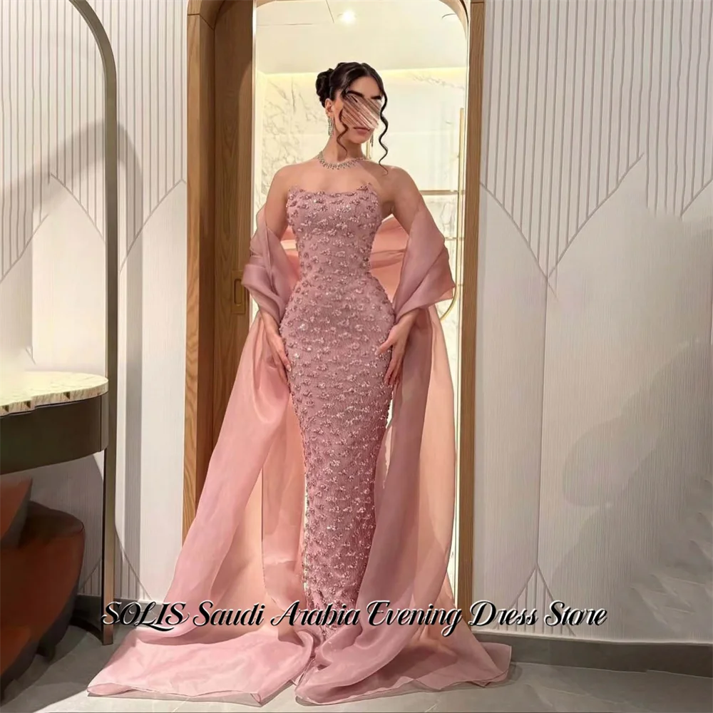 

SOLIS Dusty Rose Prom Dresses Strapless Sleeveless Evening Dresses with Pearls Wrap Hips Party Dress Robe De Soirée Customized