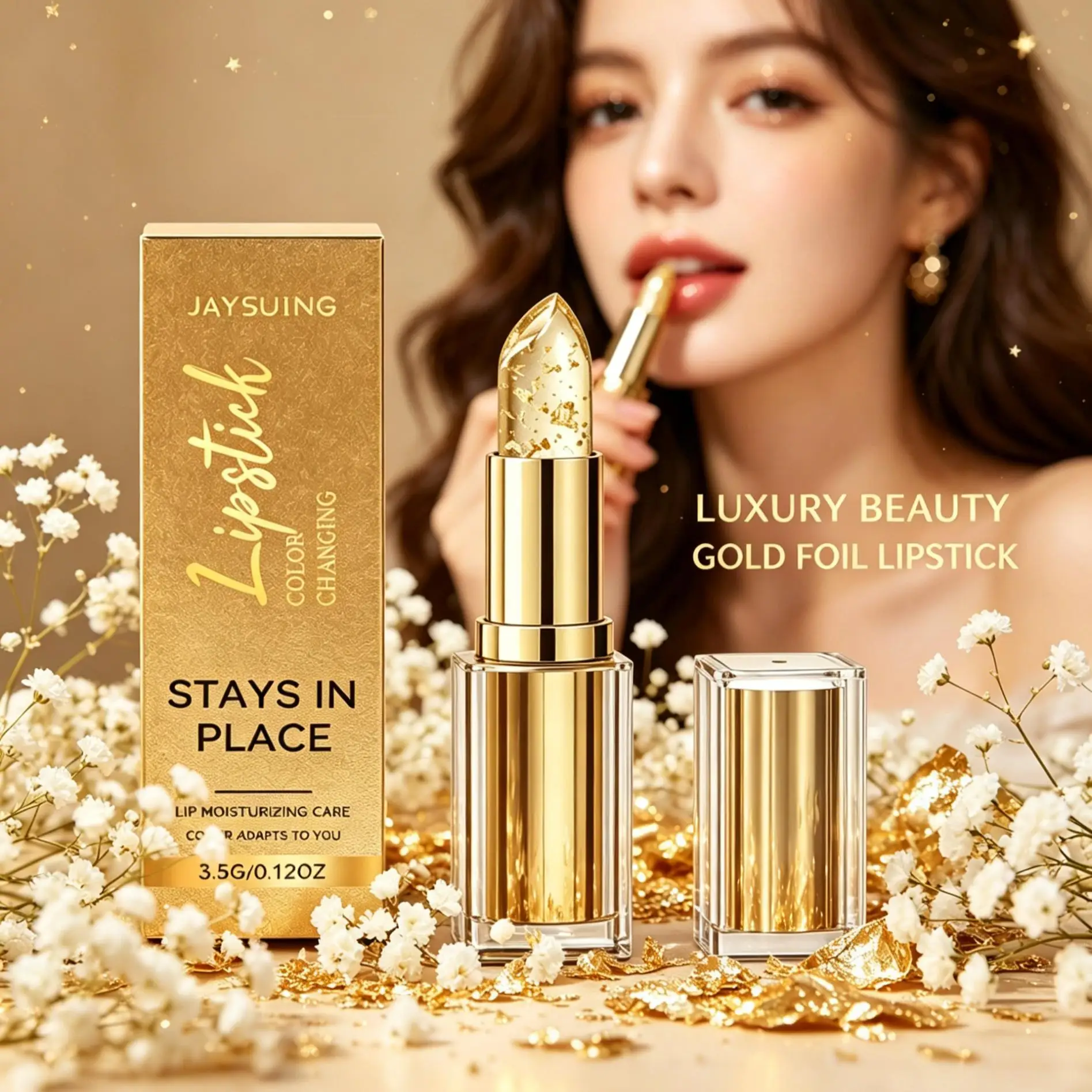 Goldfolie Farbwechselnder Lippenbalsam Anpassung an den Lippenton Transparenter Wasserfester Kristall-Jelly Perlglanz-Lipgloss Feuchtigkeitsspendender Lippenstift – Detail 4