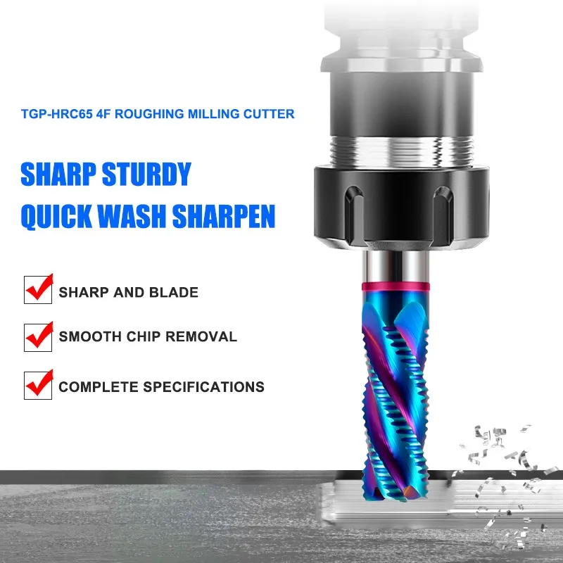 AZZKOR TGP-HRC65 Blue Nano coating 4-Flute Tungsten Steel Carbide Roughing Milling Cutter CNC Machinery Machining Rough Endmill