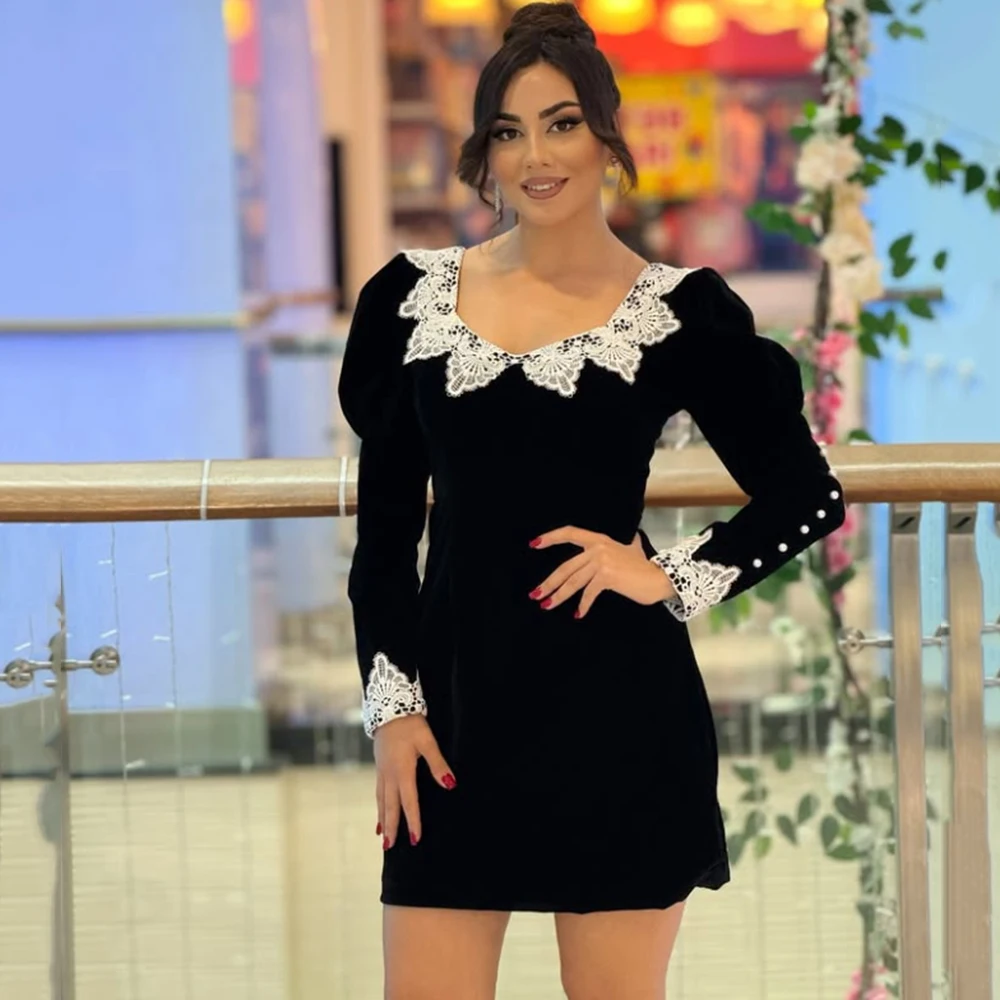 

Customized O-neck Black Velour Prom Dress Full Sleeves Pearls Lace Appliques Party Gown A-line Above Knee Length Dress For Women