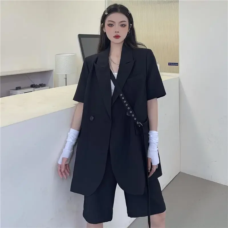 Summer Fashion Two Piece Suit Women New Loose Short Sleeve Blazers + Casual High Waist Shorts Woman Sets