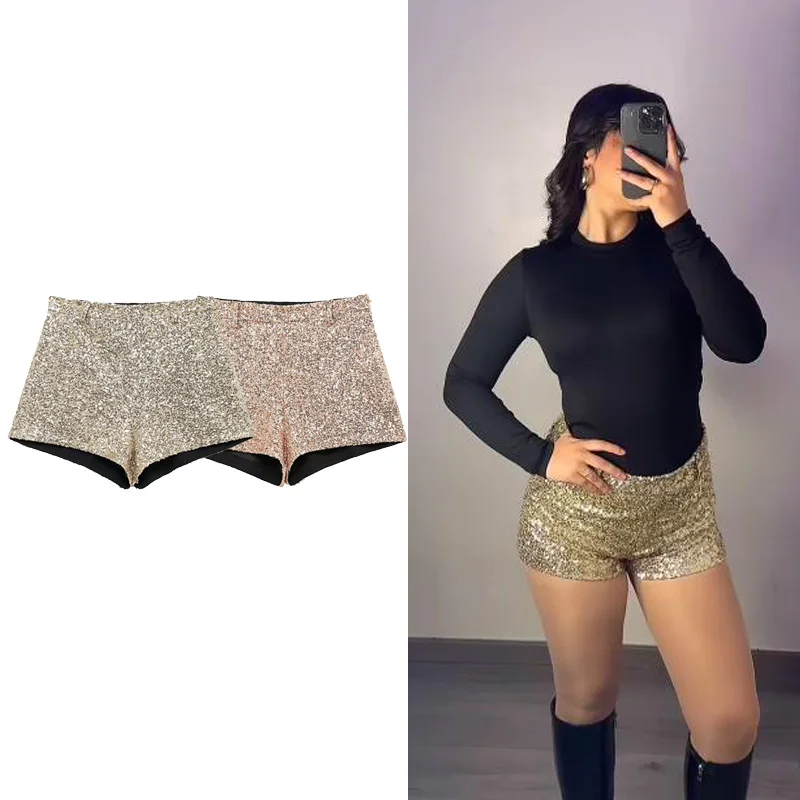 TRAF Women's Golden Shorts 2025 Spring Elegant Sequined Mid Waist Y2K Shorts Ladies Fashion Casual Vintage Party Shiny Shorts