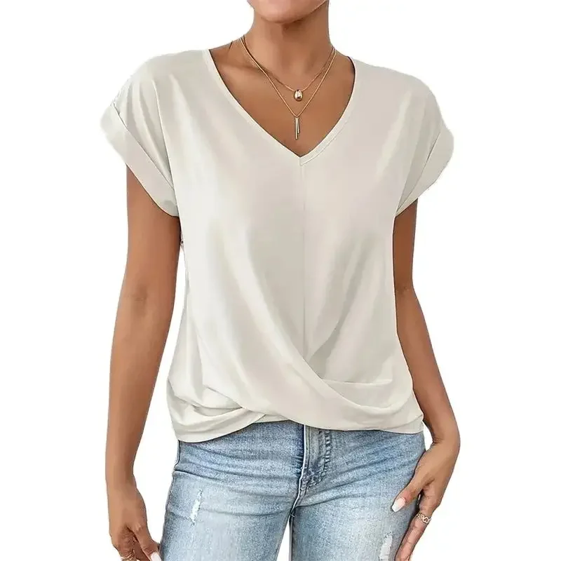 Elegant V Neck Pullover Solid Color T-Shirt Women Korean Comfortable Casual Commuter Loose Tops Summer Daily Short Sleeves Tees