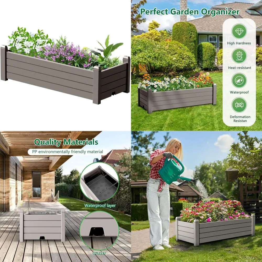 

Outdoor Large Resin Planter Box with Elevated Bed, Divisible and Drainable for Patio Gardening