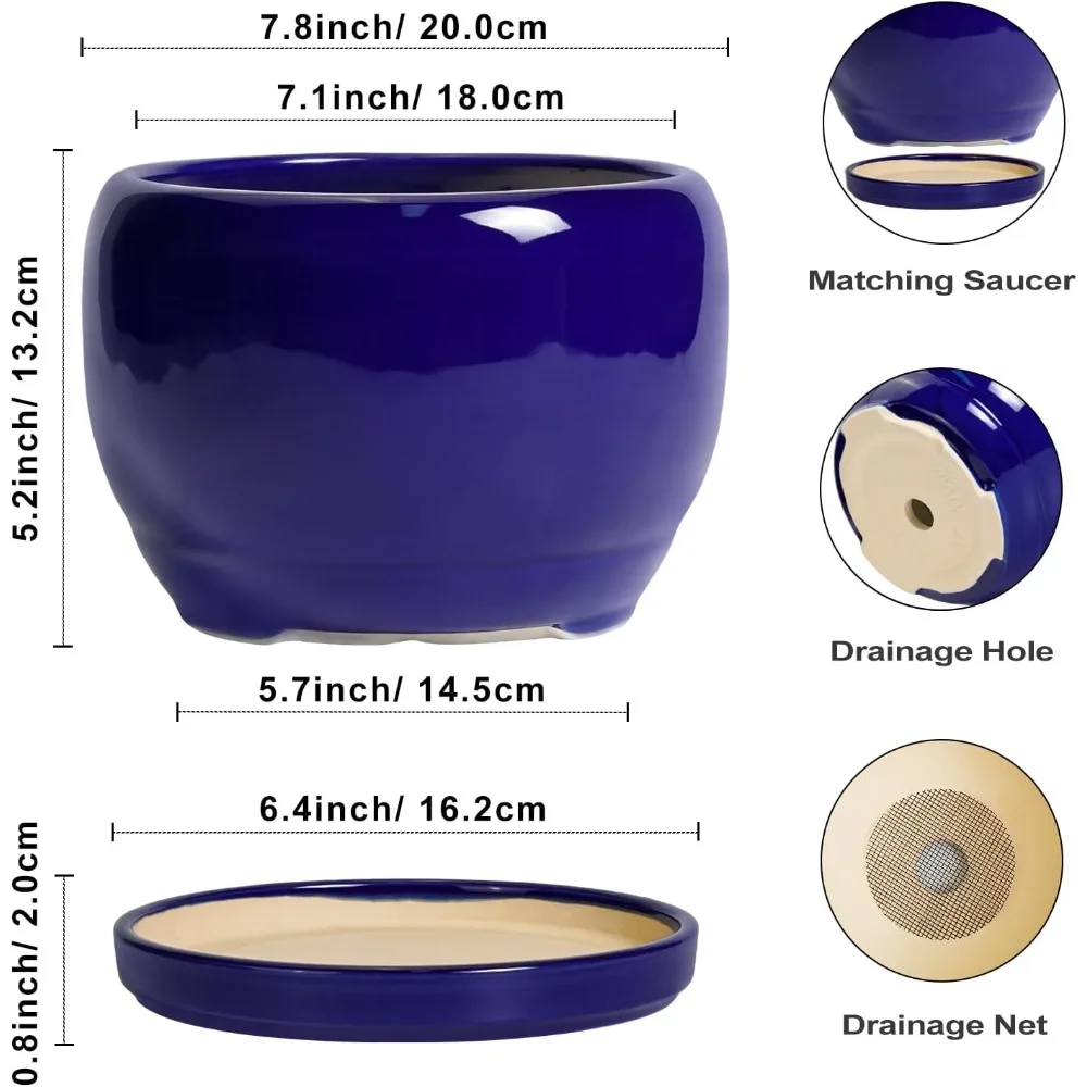 وعاء نبات سيراميك مقاس 8 بوصة مع فتحة تصريف وصحون، زارع دائري حديث للنباتات الداخلية والخارجية، هدية ديكور أزرق