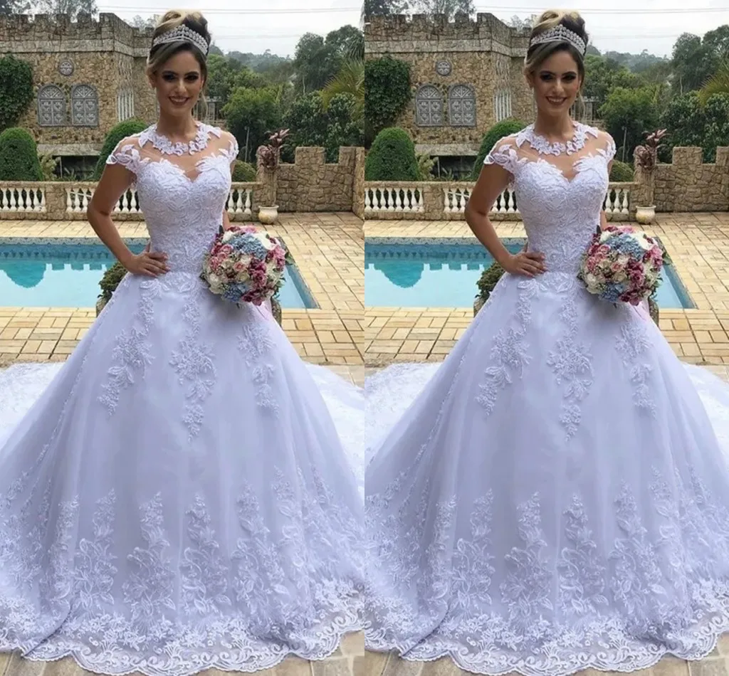 

2025 Vintage A-line Wedding Dress Scoop Lace Appliques Long Sleeves Bridal Bride Gowns Vestidos De Noiva