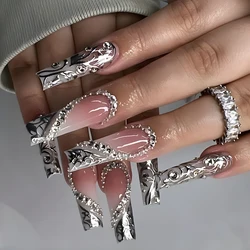 Luxury Fashion Ladies Super Long Square French Silver Vine Patchwork Diamond Heart Decoration Full Coverage Wearable Fake Nail