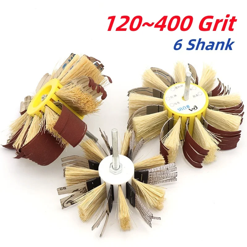 120~400 Grit 6mm Shank Mounted Sisal & Emery Cloth Bristle Polishing Brush Wheel For Wood Primer Metal Sanding