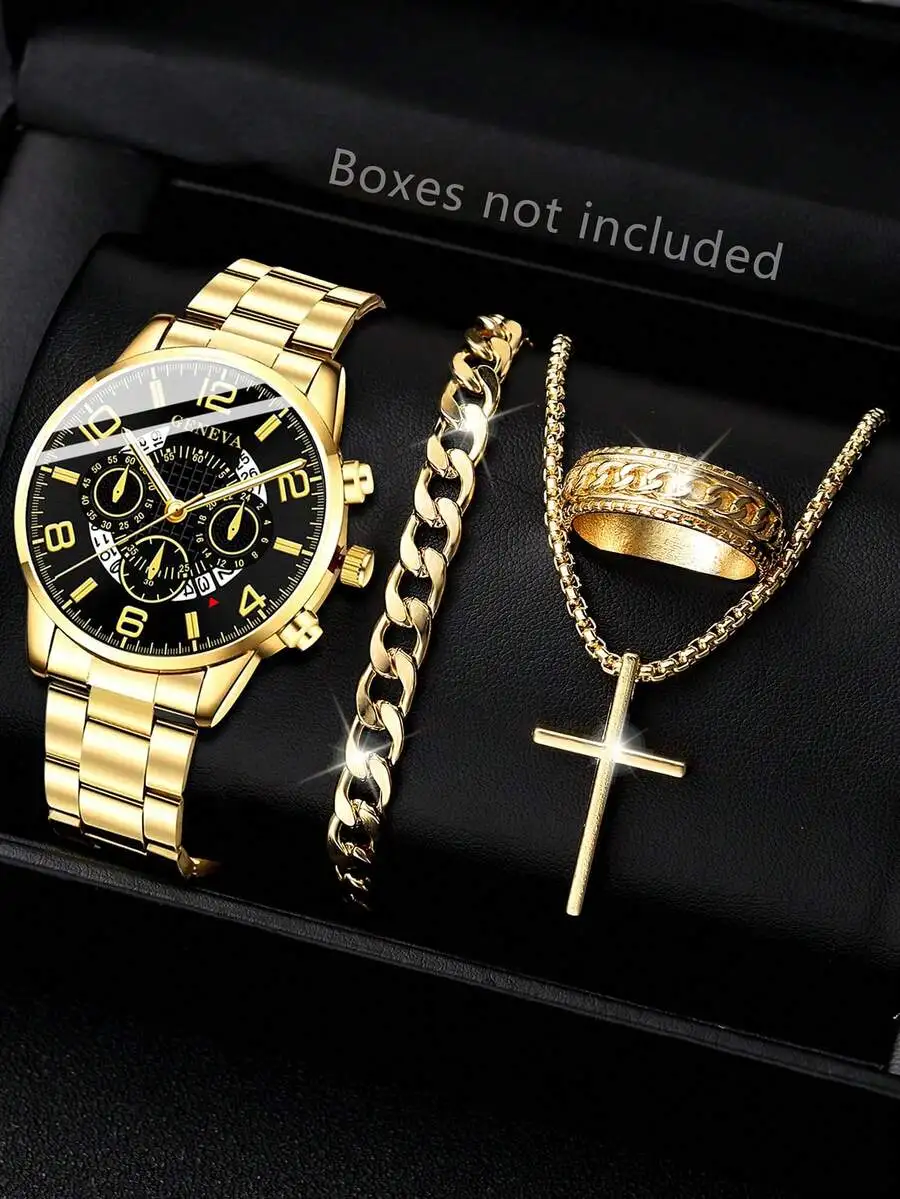

Набор из 4 предметов: мужские часы золотистого цвета с цепочкой-браслетом, колье с крестом и кольцо для повседневной или официальной носки