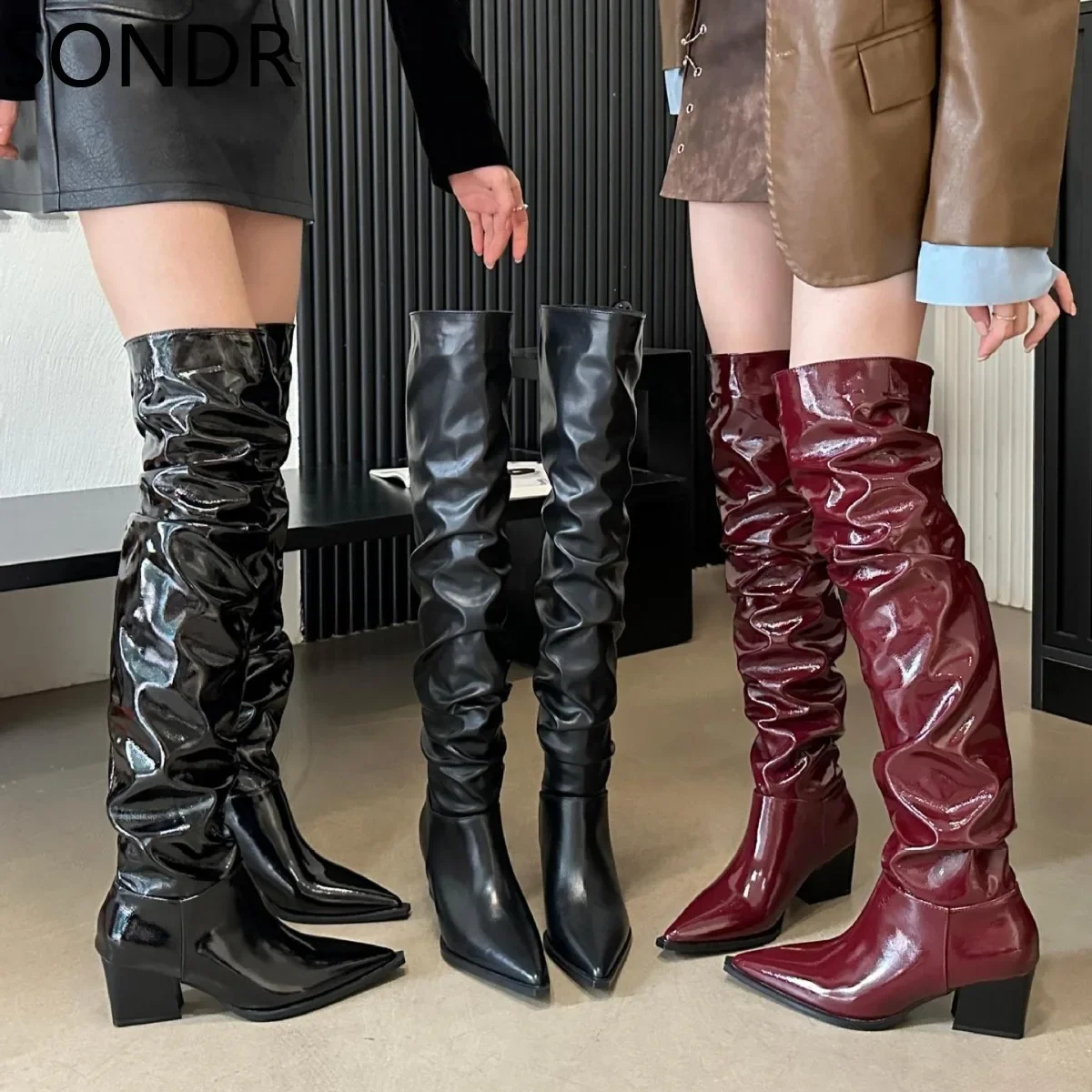 Womens Pointed Toe Over The Knee Boots Chunky Heel Patent Leather Long Riding Knight Shoes 3Colors