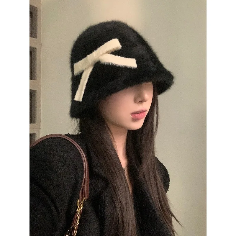 

New sweet bow rabbit fur bucket fisherman hat for women versatile popular internet vibe autumn and winter warmth.