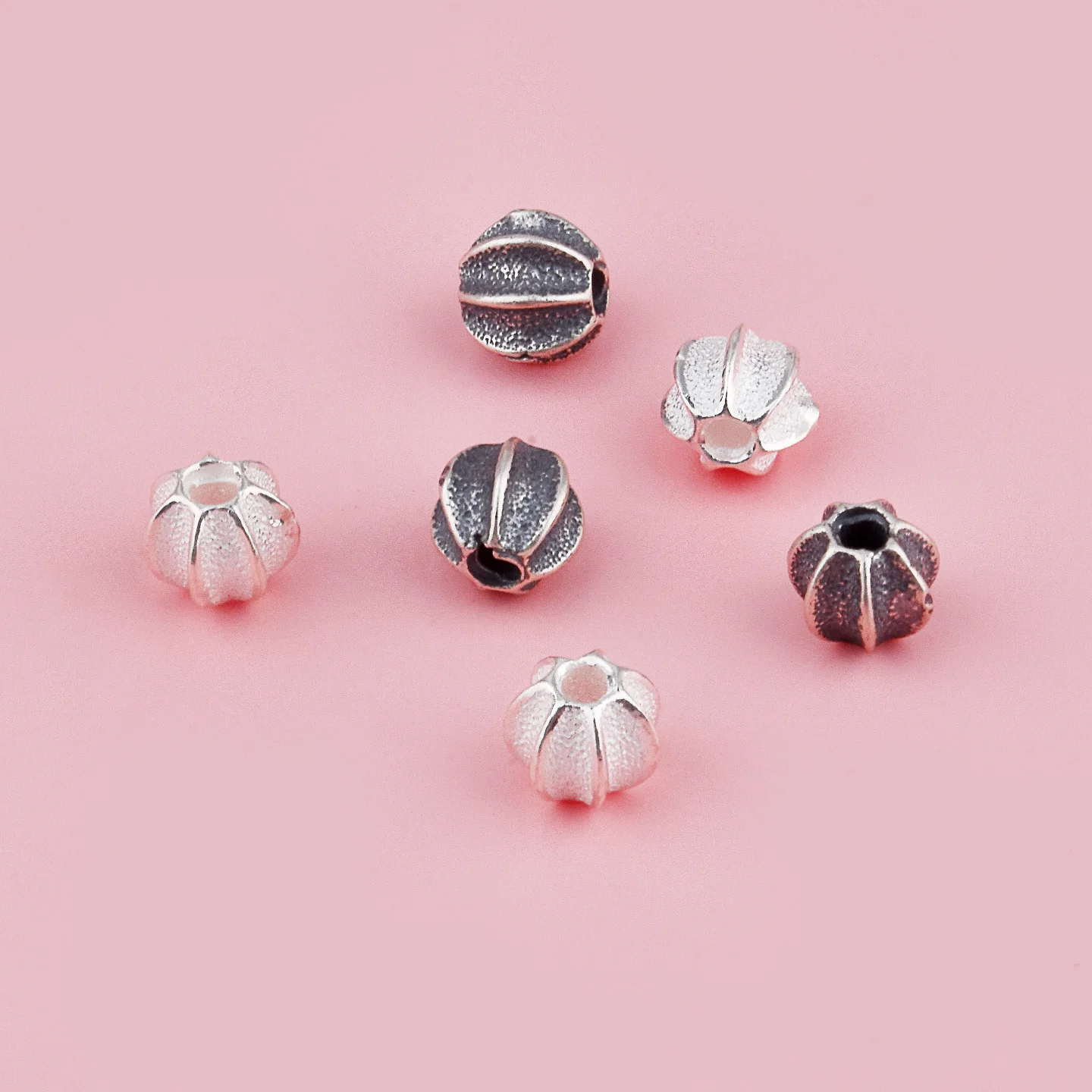 S925 pure silver vintage raised oval lantern - pumpkin-shaped bead DIY stringing bracelet accessory