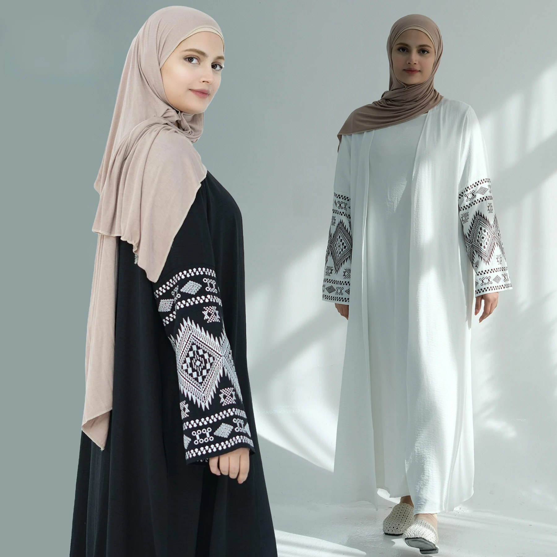 2025 NEW Embroidery Open Abaya for Women Eid Ramadan Abayas Adult Black White Long Robe Female Islam Solid Color Muslim Cardigan