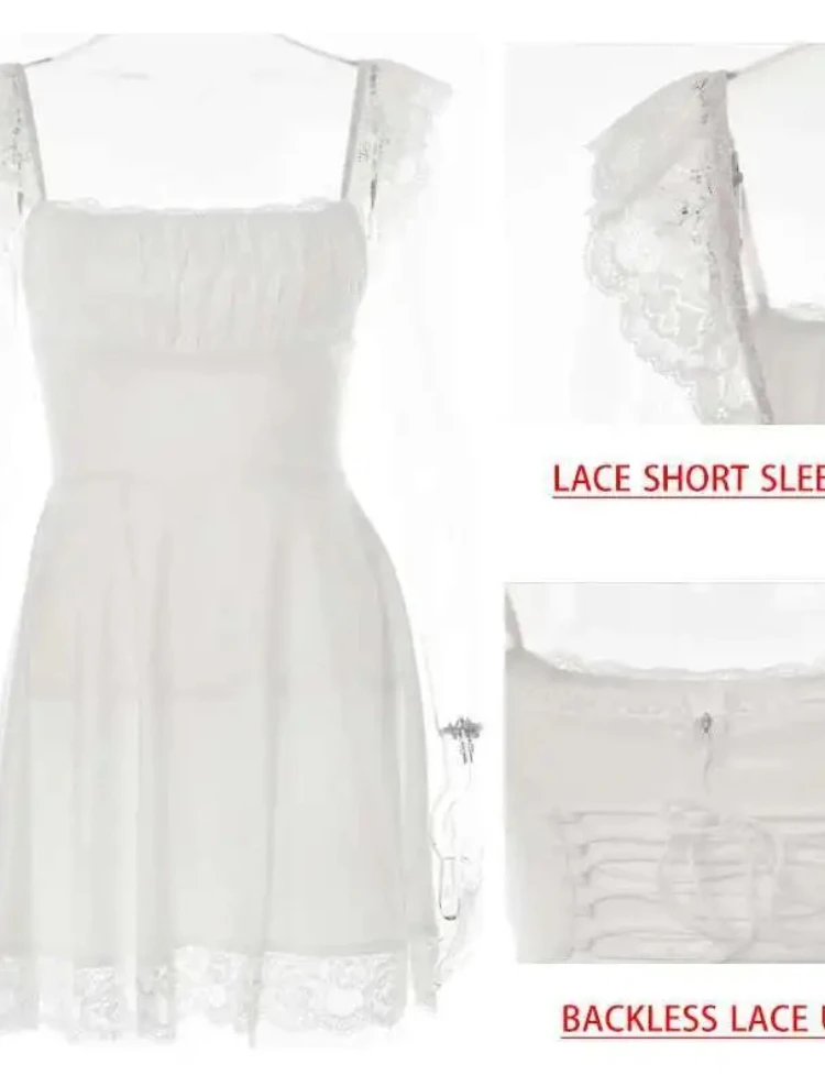 화이트 레이스 러플 백리스 섹시 드레스 여성 밴디지 플리츠 미니 여름 드레스 우아한 공주 캐주얼 드레스 베스티도스