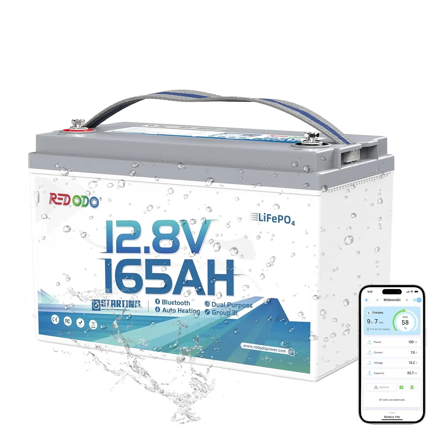 12.8V 165Ah Dual Purpose Lithium Marine Battery, Group 31, 1200CCA | Self-heating, IP67 Waterproof, Smart Bluetooth, Custom