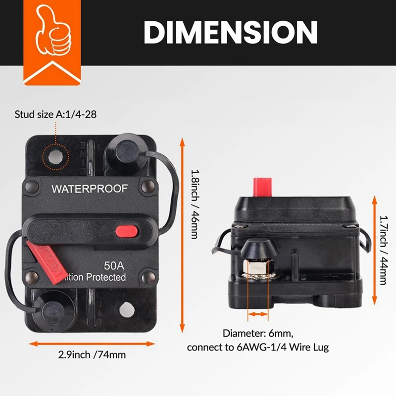 50 Amp Automotive Circuit Breaker with Manual Reset, Waterproof Fuse Holder for Trolling Motors, Boats and Automotive-A56M